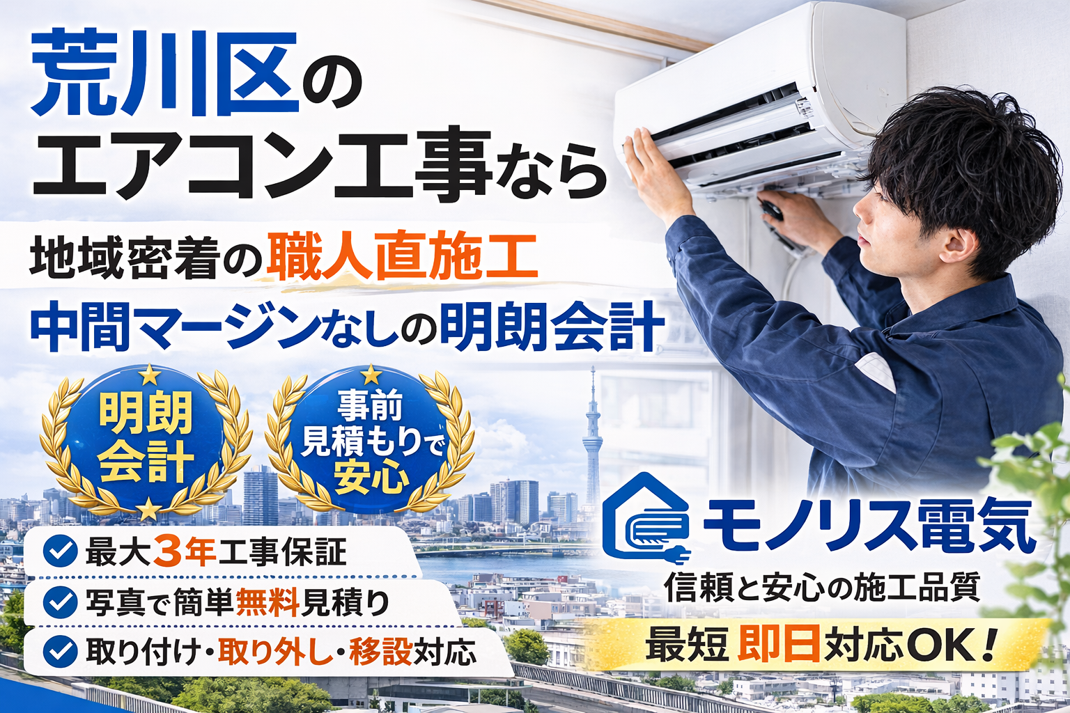 荒川区のエアコン取り付け工事ならモノリス電気｜明朗会計・事前見積もり・最大3年工事保証