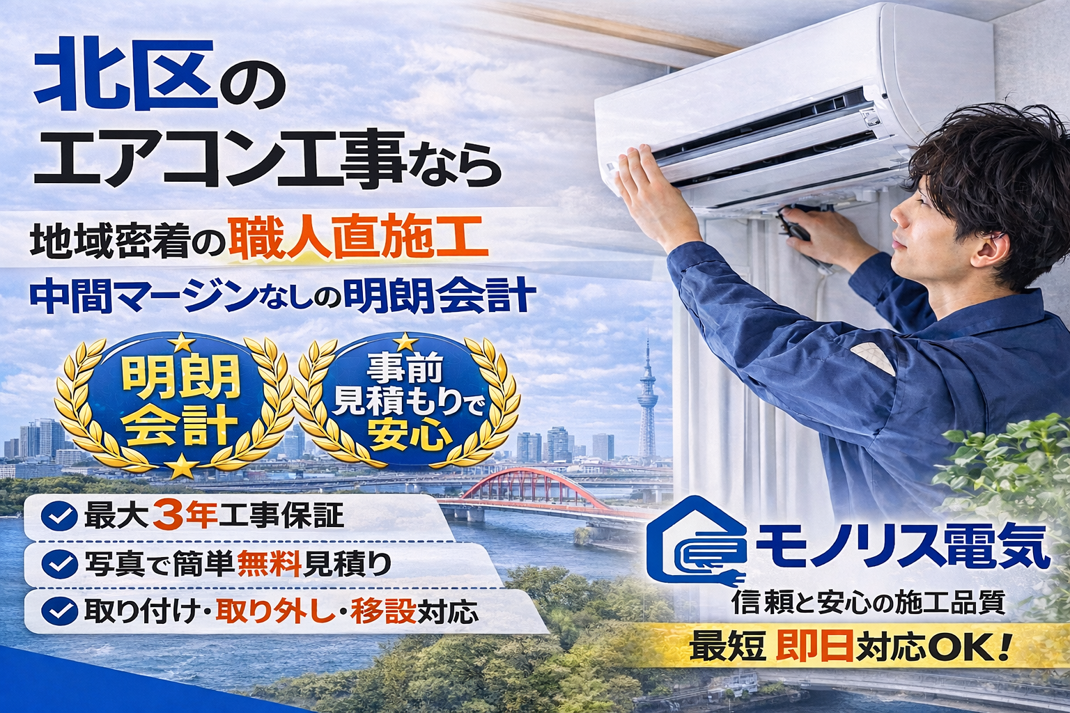 北区のエアコン取り付け工事ならモノリス電気｜明朗会計・事前見積もり・最大3年工事保証