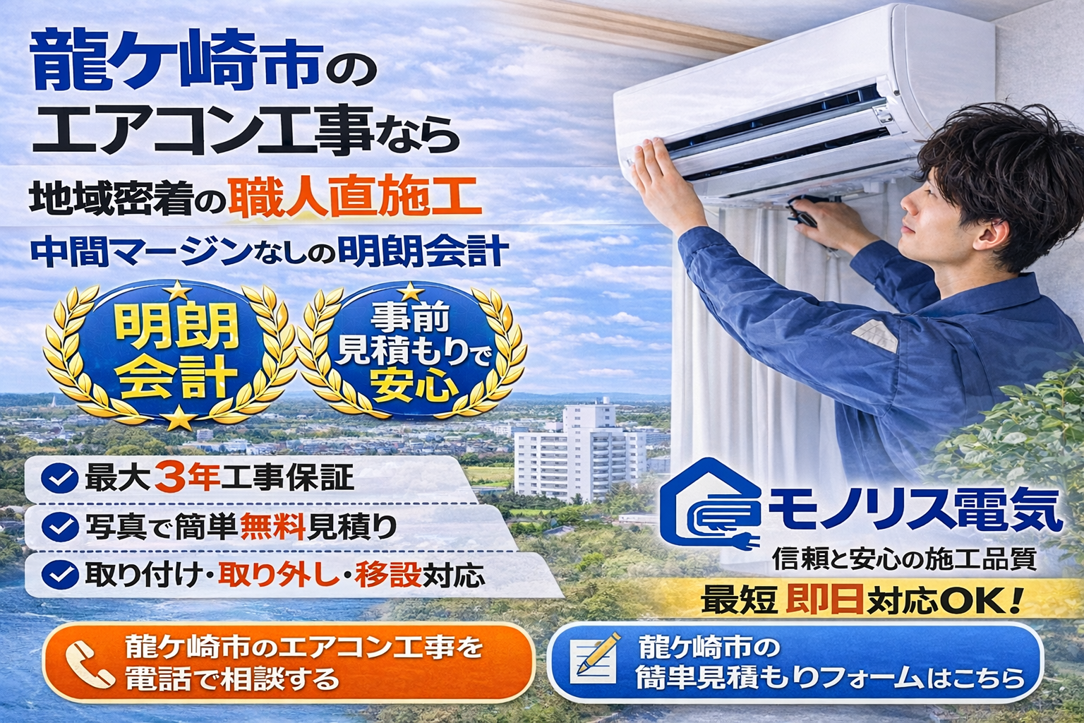 龍ヶ崎市のエアコン取り付け工事ならモノリス電気｜明朗会計・事前見積もり・最大3年工事保証