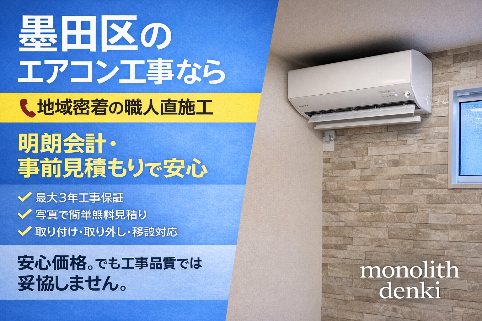 墨田区のエアコン取り付け工事ならモノリス電気｜明朗会計・事前見積もり・最大3年工事保証